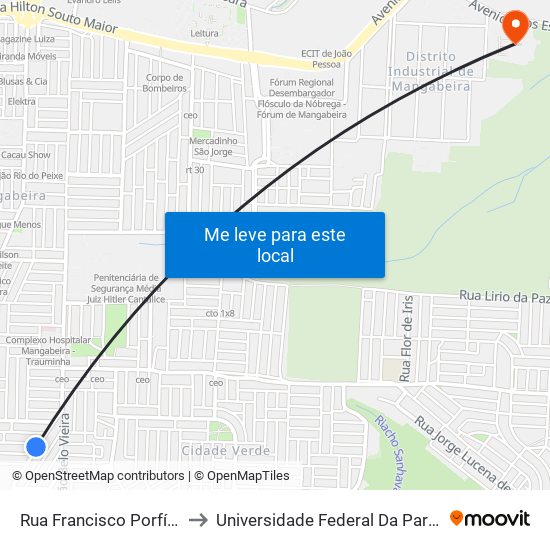 Rua Francisco Porfírio Ribeiro, 188-212 to Universidade Federal Da Paraíba - Campus Mangabeira map