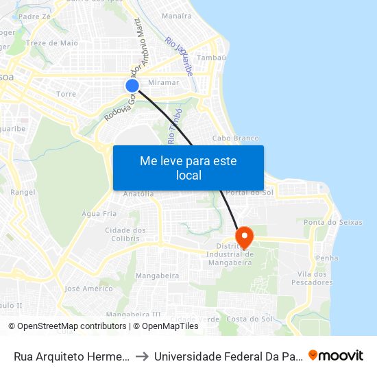 Rua Arquiteto Hermenegildo Di Lascio, 534 to Universidade Federal Da Paraíba - Campus Mangabeira map