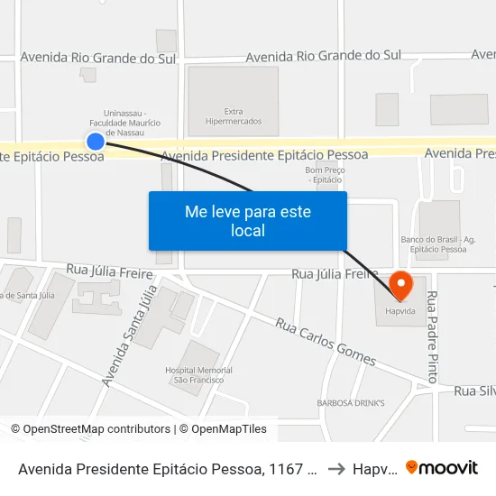 Avenida Presidente Epitácio Pessoa, 1167 - Uninassau to Hapvida map