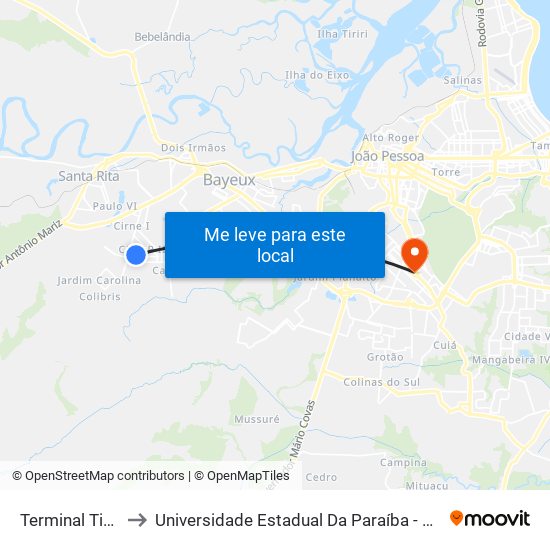 Terminal Tibiri II to Universidade Estadual Da Paraíba - Campus V map