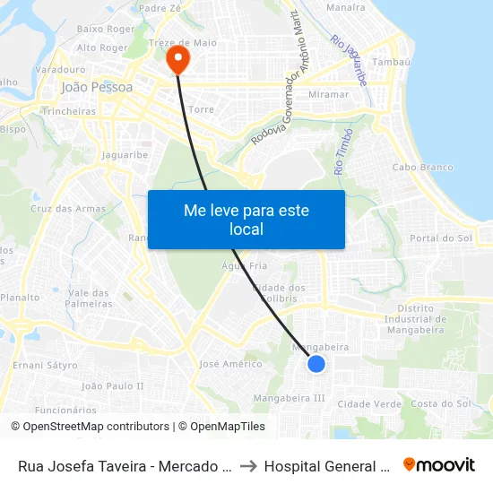 Rua Josefa Taveira - Mercado Público De Mangabeira to Hospital General Edson Ramalho map