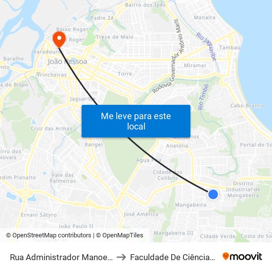 Rua Administrador Manoel Ângelo De Oliveira, 184 to Faculdade De Ciências Médicas Da Paraíba map