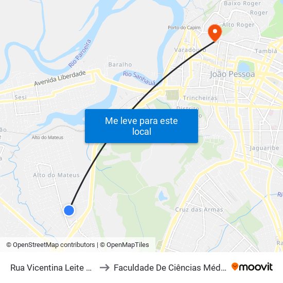 Rua Vicentina Leite Da Silva, 107 to Faculdade De Ciências Médicas Da Paraíba map