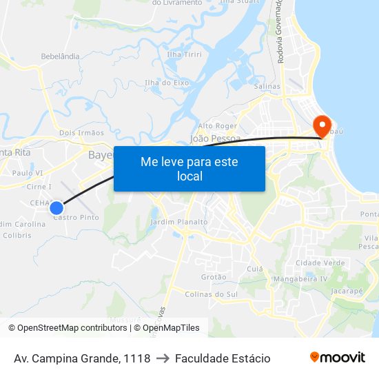 Av. Campina Grande, 1118 to Faculdade Estácio map