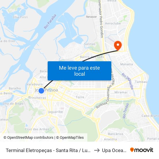 Terminal Eletropeças - Santa Rita / Lucena to Upa Oceania map