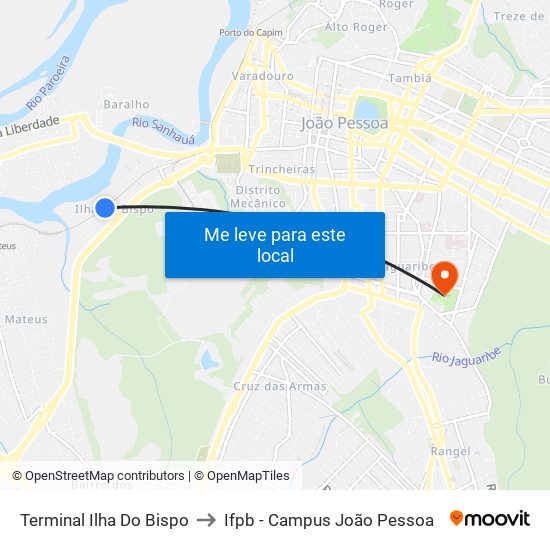 Terminal Ilha Do Bispo to Ifpb - Campus João Pessoa map