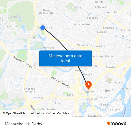 Macaxeira to Derby map