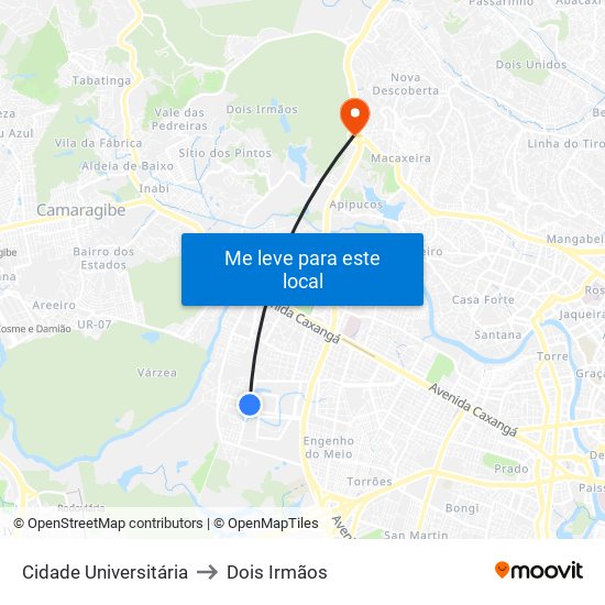 Cidade Universitária to Dois Irmãos map