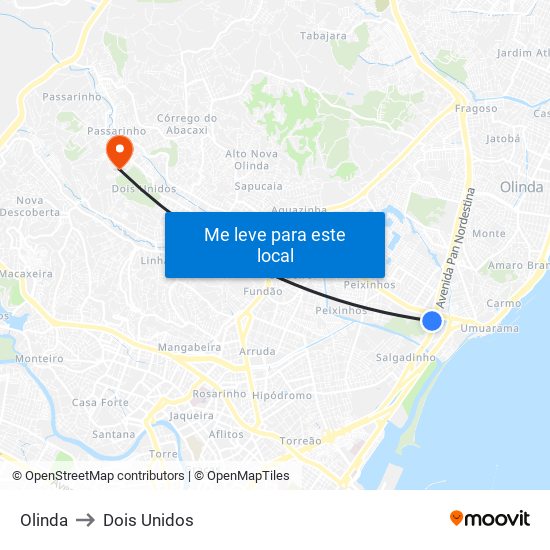 Olinda to Dois Unidos map