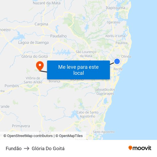 Fundão to Glória Do Goitá map