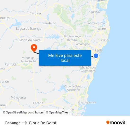 Cabanga to Glória Do Goitá map