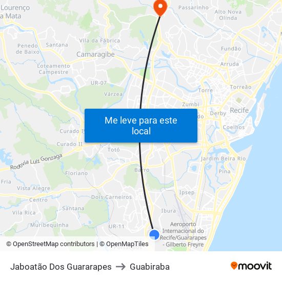 Jaboatão Dos Guararapes to Guabiraba map