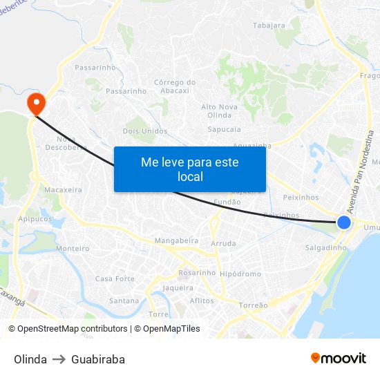 Olinda to Guabiraba map