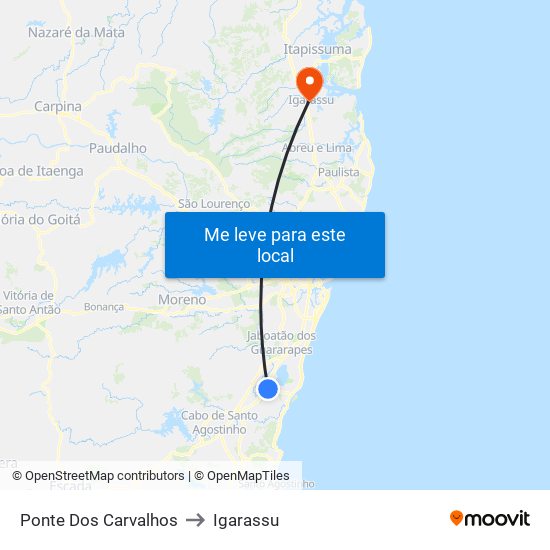 Ponte Dos Carvalhos to Igarassu map