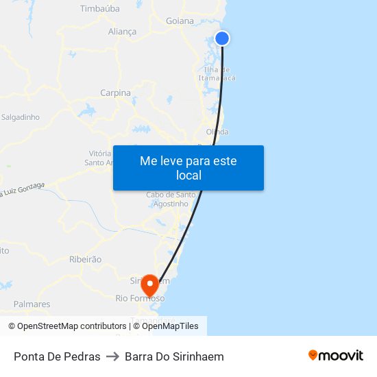 Ponta De Pedras to Barra Do Sirinhaem map