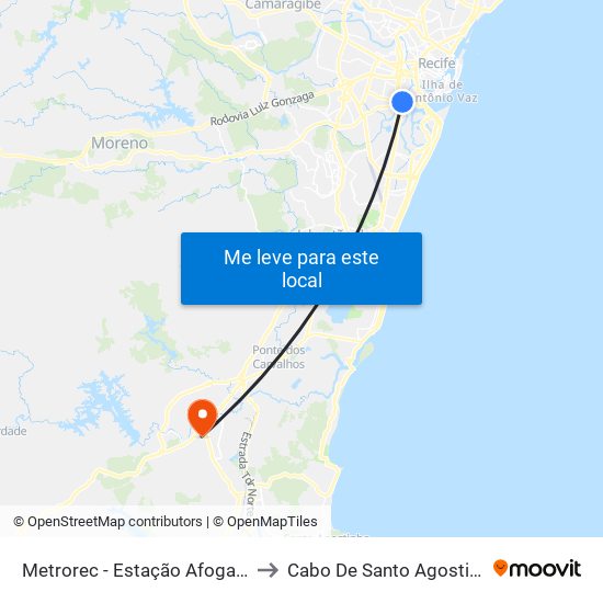 Metrorec - Estação Afogados to Cabo De Santo Agostinho map