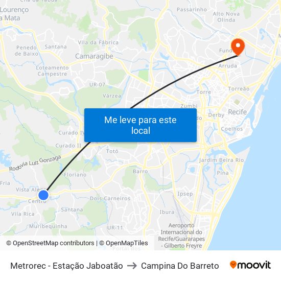 Metrorec - Estação Jaboatão to Campina Do Barreto map