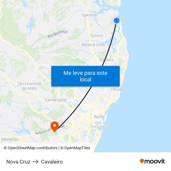 Nova Cruz to Cavaleiro map