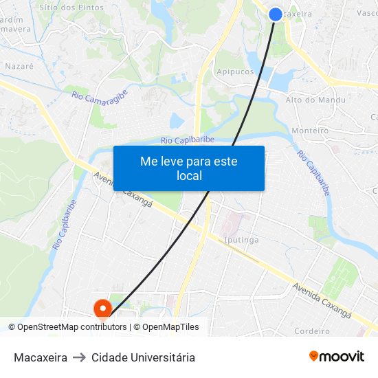 Macaxeira to Cidade Universitária map
