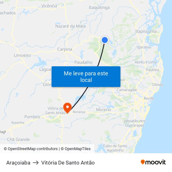 Araçoiaba to Vitória De Santo Antão map
