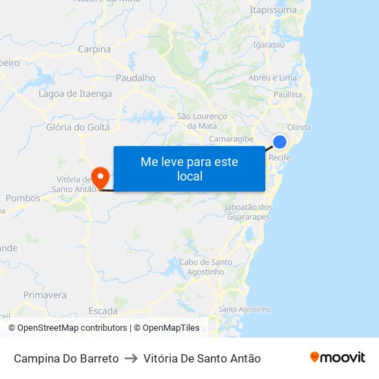 Campina Do Barreto to Vitória De Santo Antão map