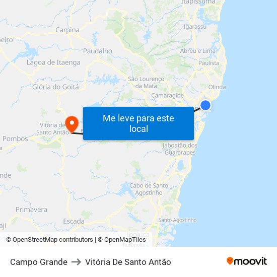 Campo Grande to Vitória De Santo Antão map