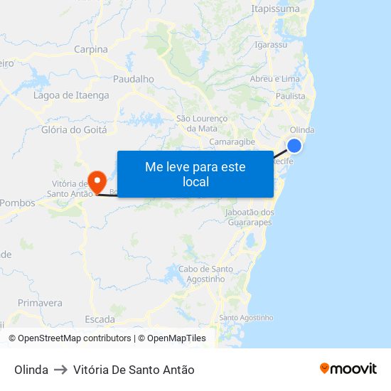 Olinda to Vitória De Santo Antão map