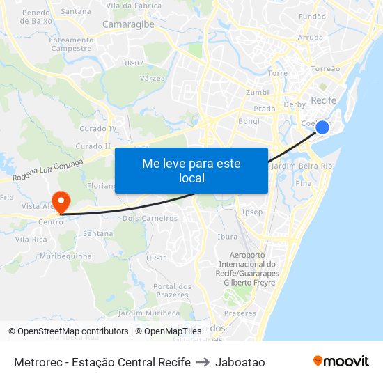 Metrorec - Estação Central Recife to Jaboatao map
