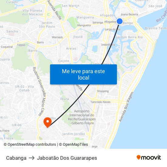 Cabanga to Jaboatão Dos Guararapes map