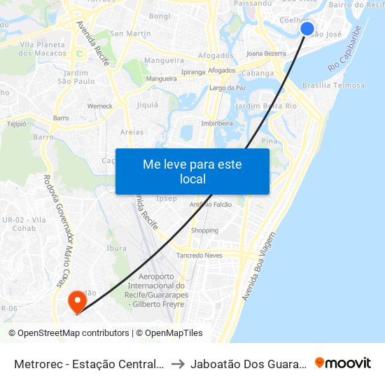 Metrorec - Estação Central Recife to Jaboatão Dos Guararapes map