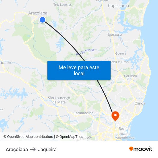 Araçoiaba to Jaqueira map