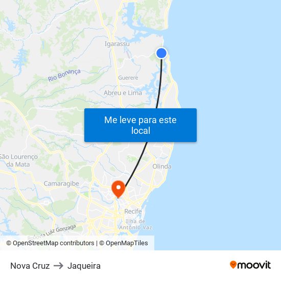 Nova Cruz to Jaqueira map