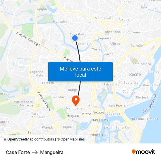 Casa Forte to Mangueira map