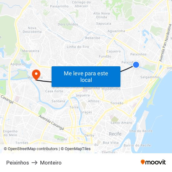 Peixinhos to Monteiro map