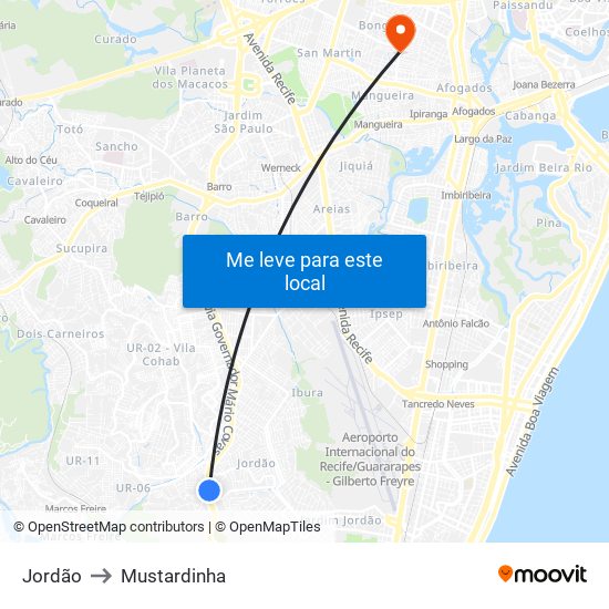 Jordão to Mustardinha map