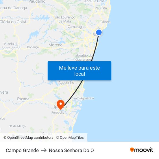 Campo Grande to Nossa Senhora Do O map