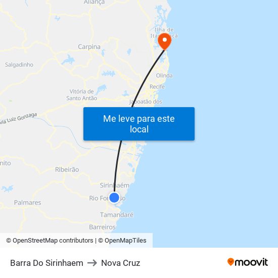 Barra Do Sirinhaem to Nova Cruz map