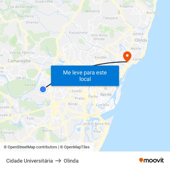 Cidade Universitária to Olinda map