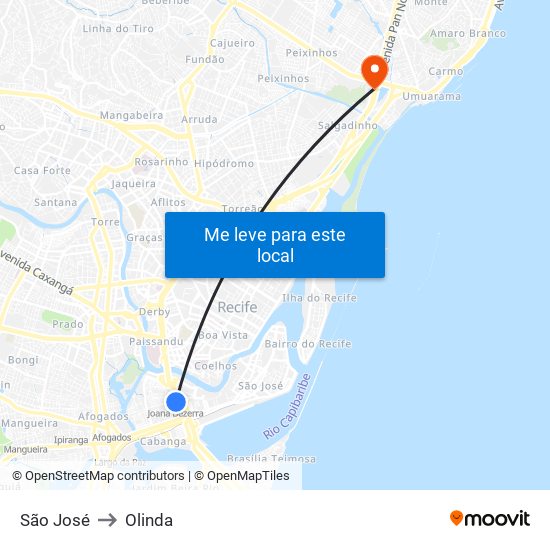 São José to Olinda map