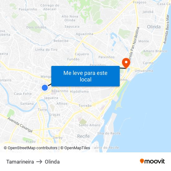 Tamarineira to Olinda map