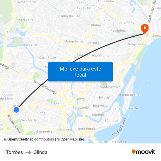 Torrões to Olinda map