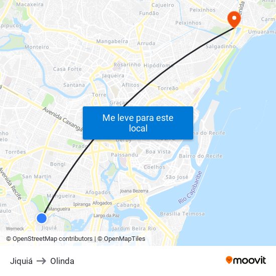 Jiquiá to Olinda map