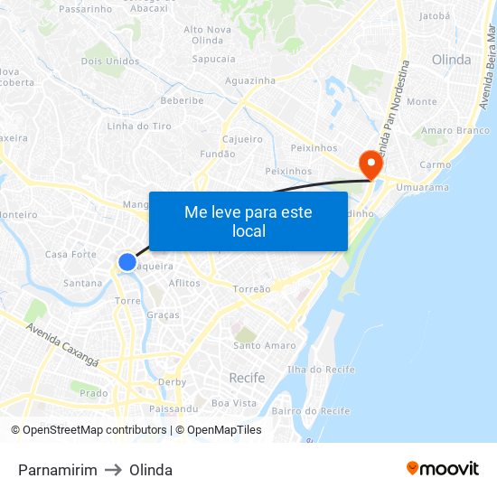 Parnamirim to Olinda map