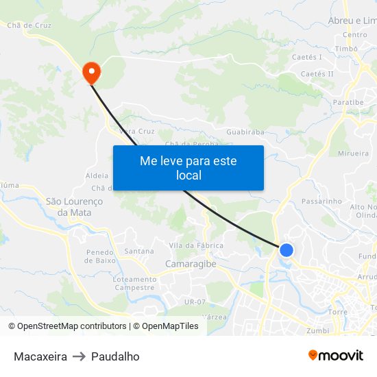 Macaxeira to Paudalho map