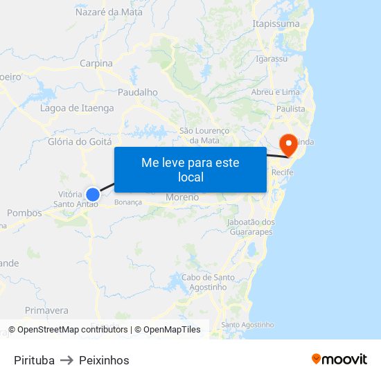 Pirituba to Peixinhos map