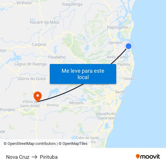 Nova Cruz to Pirituba map