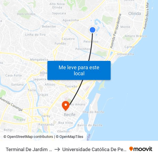 Terminal De Jardim Brasil 2 to Universidade Católica De Pernambuco map