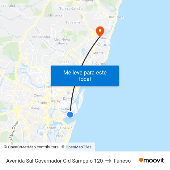 Avenida Sul Governador Cid Sampaio 120 to Funeso map