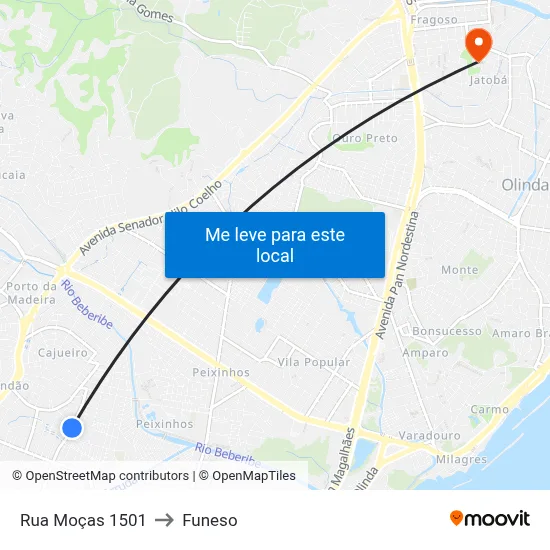 Rua Moças 1501 to Funeso map