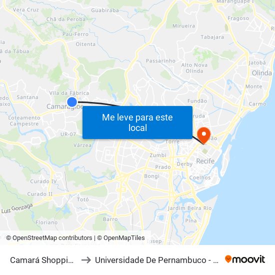 Camará Shopping | Parada 2 to Universidade De Pernambuco - Campus Santo Amaro map